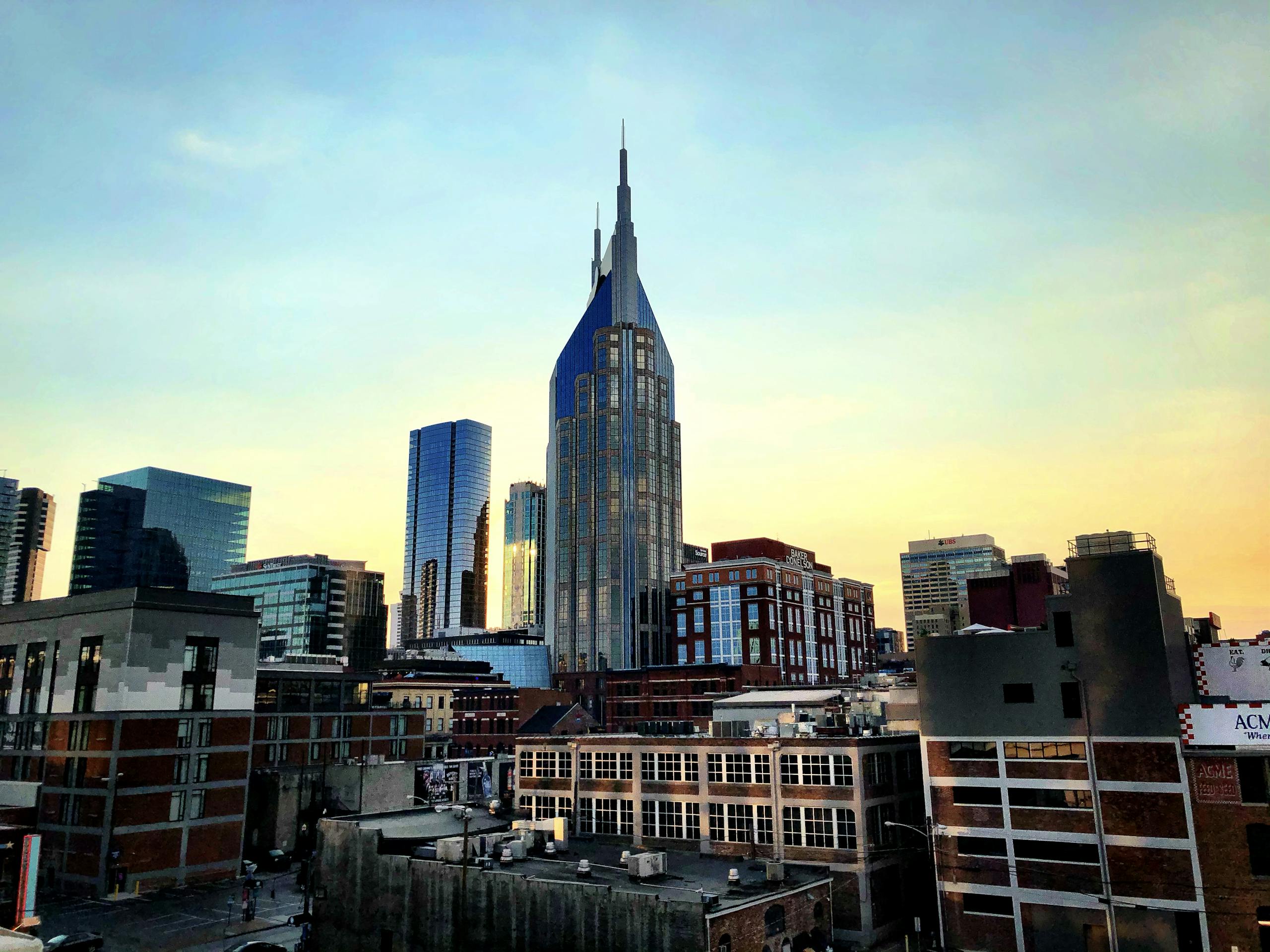 Captivating view of Nashville's skyline featuring the iconic AT&T Building during sunset.